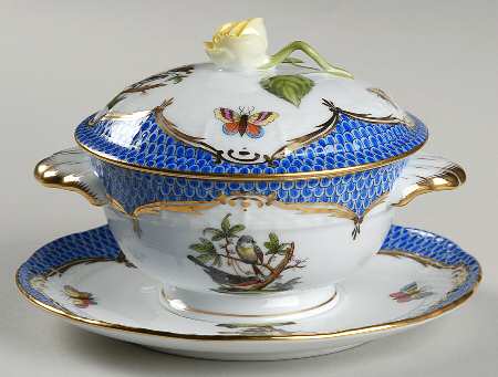 Rothschild Bird Blue Border (ROE ROEB) Cream Soup Bowl & Saucer Set with Lid