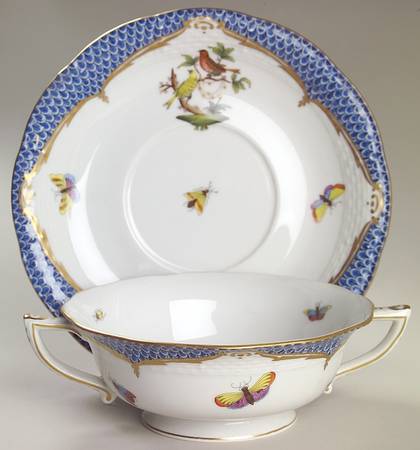 Rothschild Bird Blue Border (ROE ROEB) Footed Cream Soup Bowl & Saucer Set by Herend