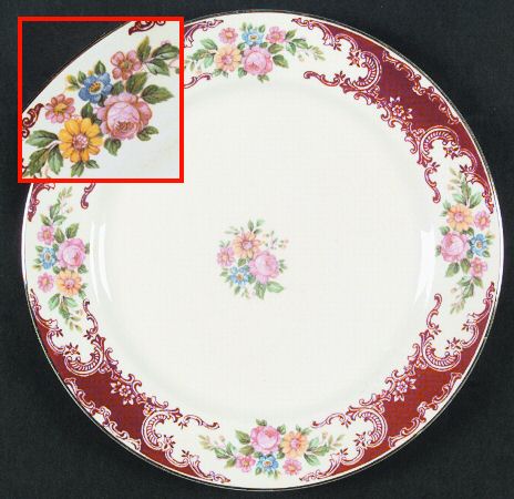 B1312 (Thich Red Panel &amp; Scroll Rim) by Homer Laughlin 