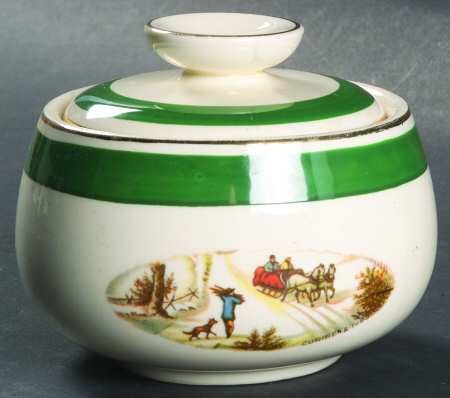 Currier & Ives (Green Band) Sugar Bowl & Lid