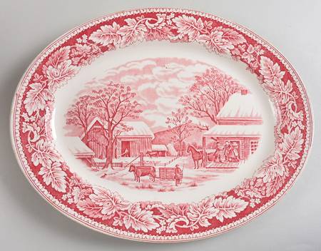 Currier & Ives Red 15" Oval Serving Platter