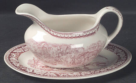 Currier & Ives Red Gravy Boat & Underplate/Relish