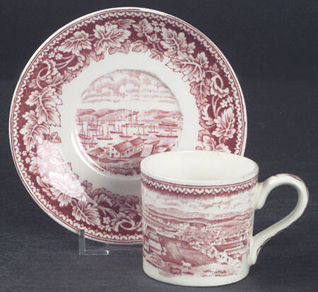 Currier & Ives Red Flat Demitasse Cup & Saucer Set
