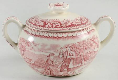 Currier & Ives Red Sugar Bowl & Lid