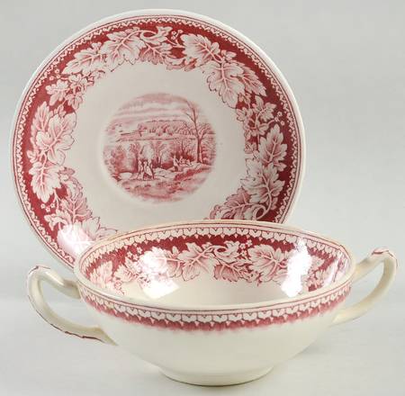 Currier & Ives Red Footed Cream Soup Bowl & Cup Saucer Set