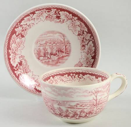 Currier & Ives Red Flat Cup & Saucer Set