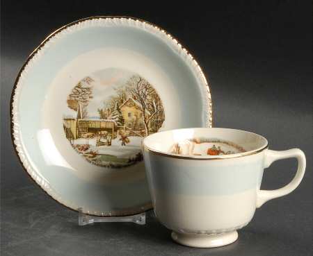Currier & Ives Footed Cup & Saucer Set