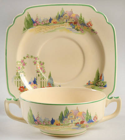 English Garden Footed Cream Soup Bowl & Saucer Set