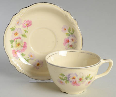 Fluffy Rose 1 (Platinum Trim) Flat Cup & Saucer Set by Homer Laughlin 
