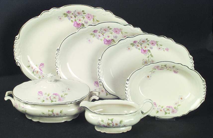 Fluffy Rose 1 (Platinum Trim) 15" Oval Serving Platter by Homer Laughlin 