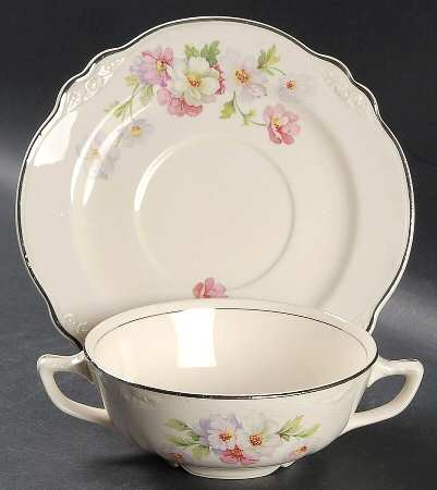 Fluffy Rose 1 (Platinum Trim) Flat Cream Soup Bowl & Saucer Set
