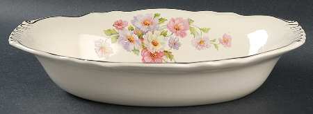 Fluffy Rose 1 (Platinum Trim) 10" Oval Vegetable Bowl by Homer Laughlin 