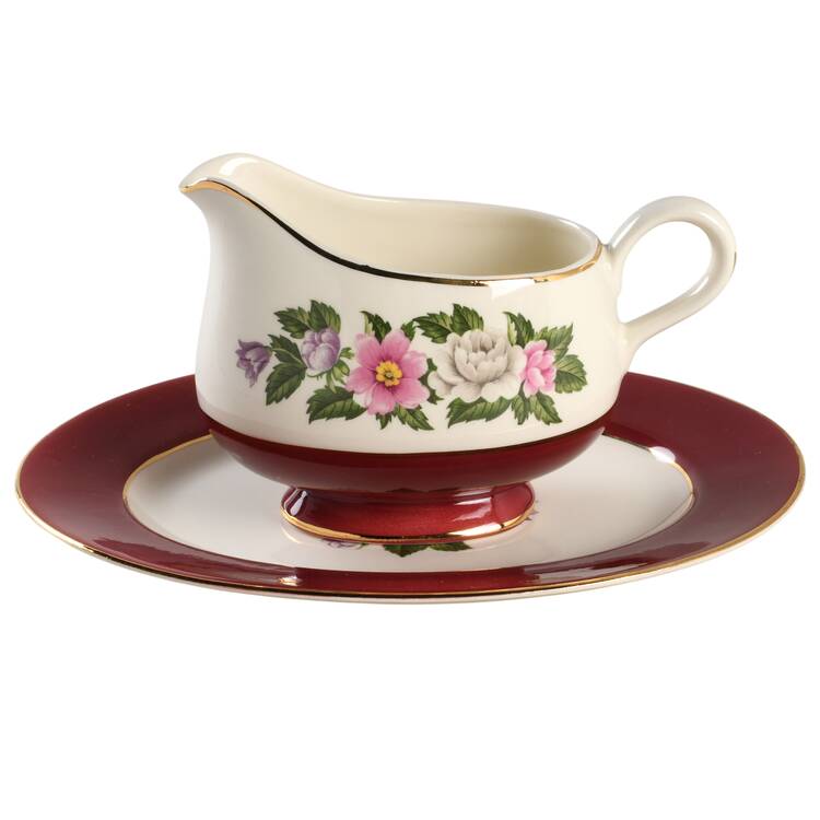 Margaret Rose Maroon Gravy Boat & Underplate/Relish by Homer Laughlin 