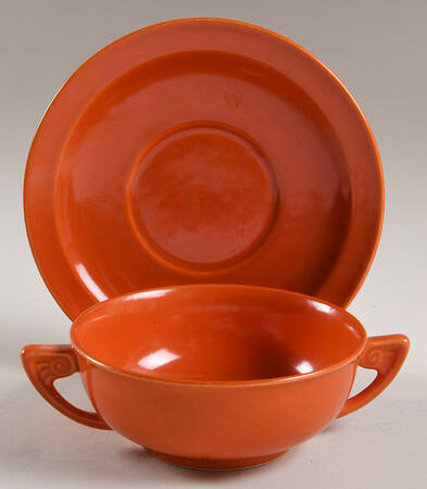 Wells Art Glaze Red Footed Cream Soup Bowl & Saucer Set