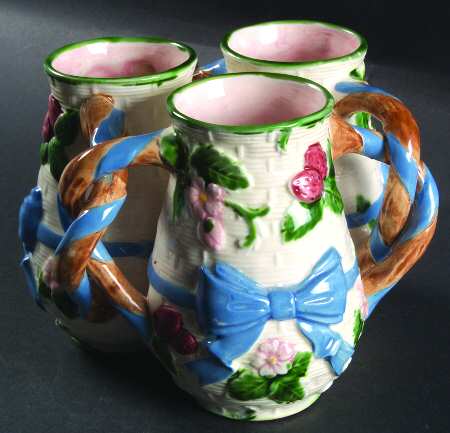 Ribbon & Bow Three Attached Handled Urns Vase