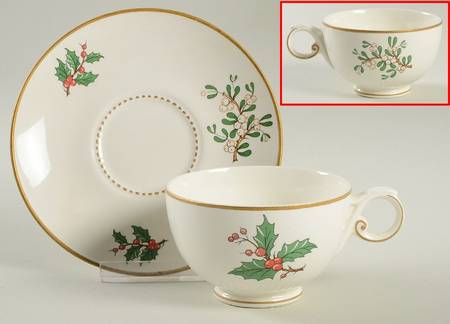 Christmas Tree & Holly Footed Cup & Saucer Set