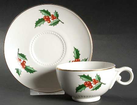 Christmas Tree & Holly Footed Cup & Saucer Set