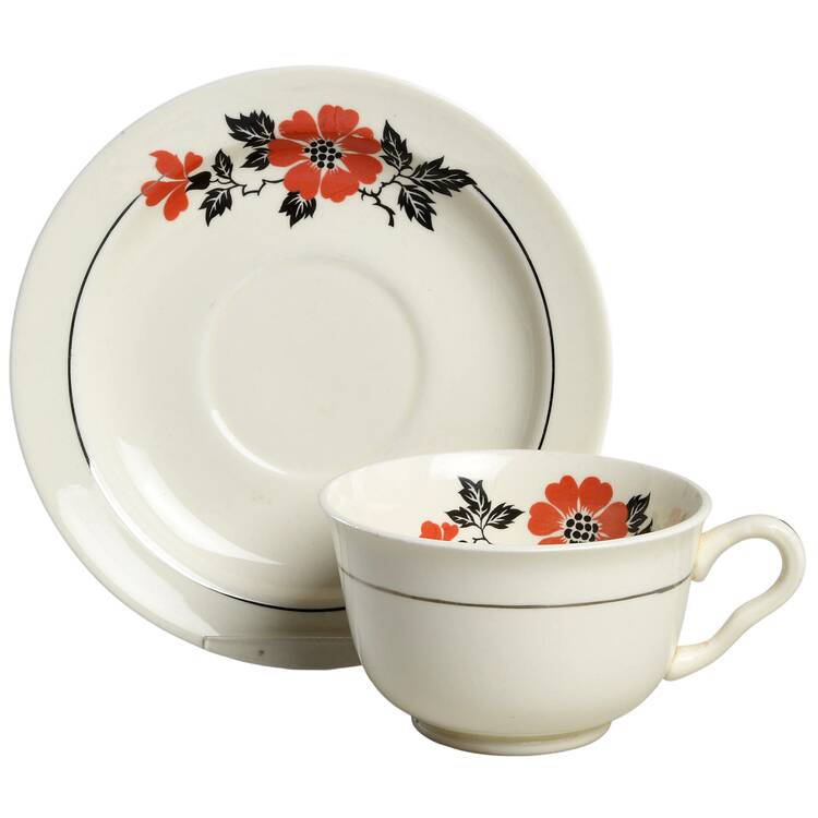Red Poppy (Platinum Ring) Footed Cup & Saucer Set by Hall