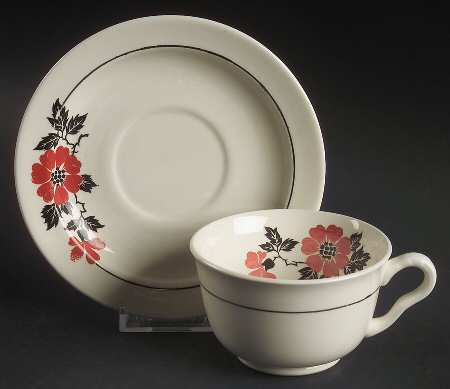 Red Poppy (Platinum Ring) Footed Cup & Saucer Set