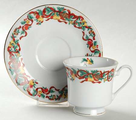 Holiday Ribbon Footed Cup & Saucer Set