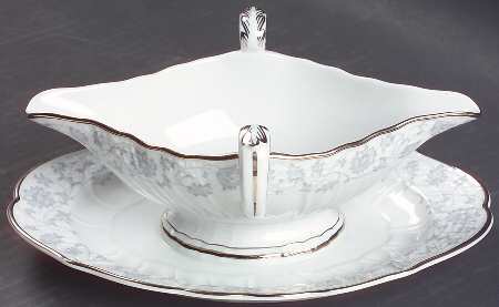 Gray Lace Gravy Boat with Attached Underplate