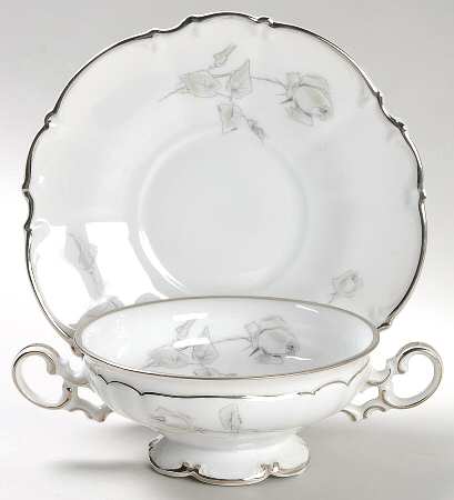 Gray Rose Footed Cream Soup Bowl & Saucer Set