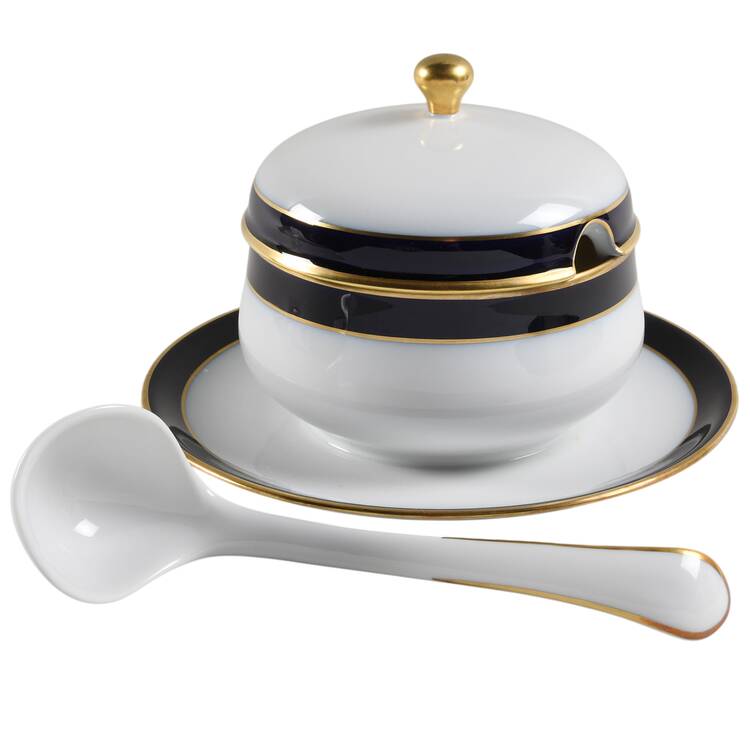 Kobalt (Coupe, Olivia Shape) Round Gravy Boat Attached Underplate & Lid w/Ladle