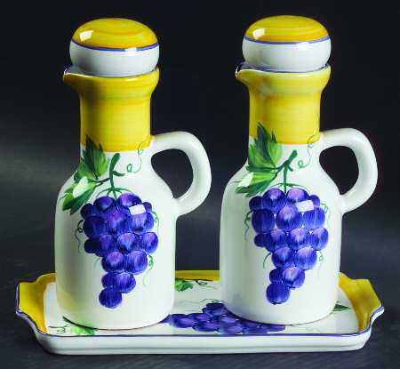 Village Vineyard 2 Oil/Vinegar Cruets with Stoppers on Tray