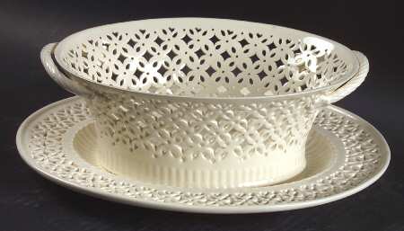 Creamware Pierced Oval Fruit Basket and Stand