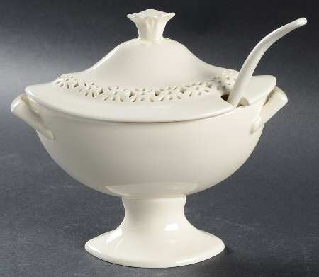 Creamware Pierced Sauce Boat & Lid with Ladle