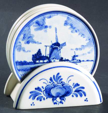 Delfts Blue Coaster Set - 7 Piece (6 Coasters & Ceramic Stand