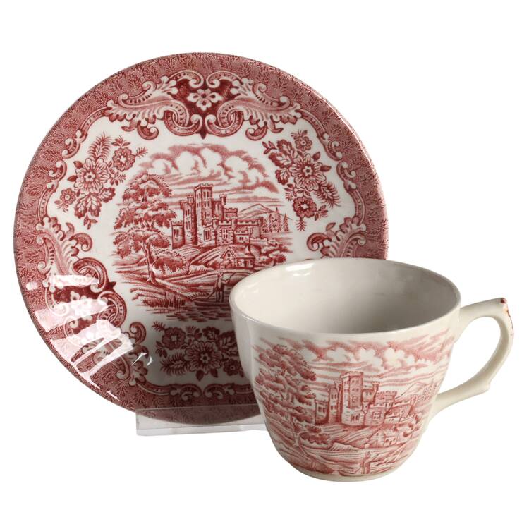 Olde Country Castles Red Flat Cup & Saucer Set by Hostess Tableware