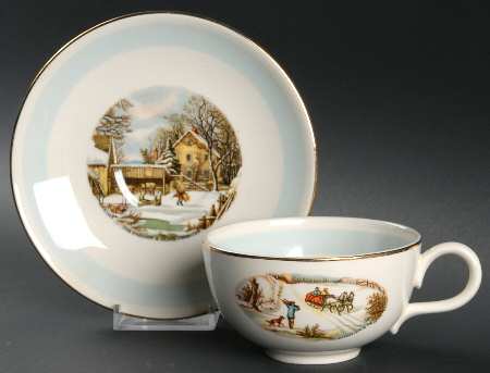 Currier and Ives Blue Band Flat Cup & Saucer Set