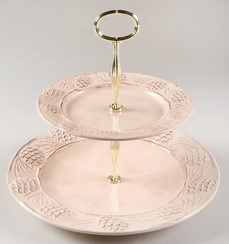 Holiday Pine Cone Cream 6 5/8"-10"  2 Tiered Serving Tray (Dp, Sp) HC