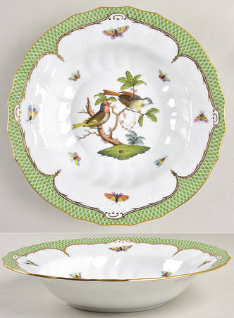 Rothschild Bird Green Border (ROEV) Large Rim Soup Bowl