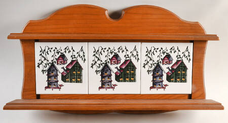 Birdhouse Wood Shelf with 3 Tile Inserts