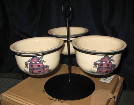 Birdhouse Condiment Bowl - Set of 3 & Metal Stand