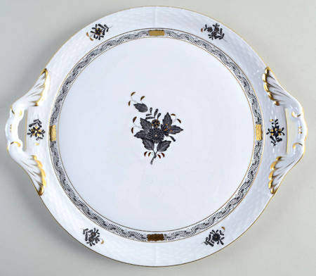 Chinese Bouquet Black 11" Round Tray w/Handles
