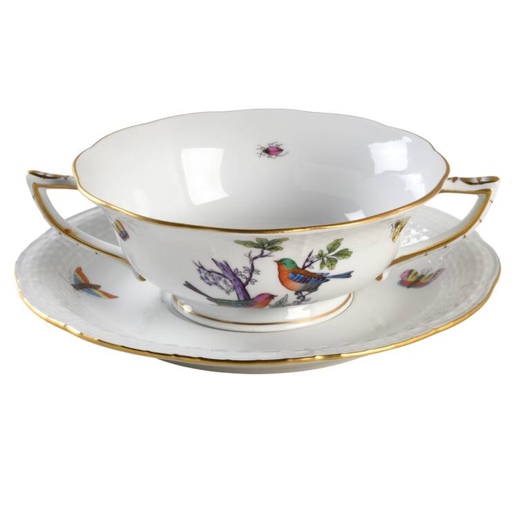 Rothschild Bird (Pastel Colors) Footed Cream Soup Bowl & Saucer Set by Herend