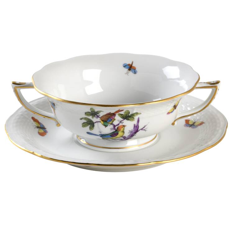 Rothschild Bird (Pastel Colors) Footed Cream Soup Bowl & Saucer Set by Herend