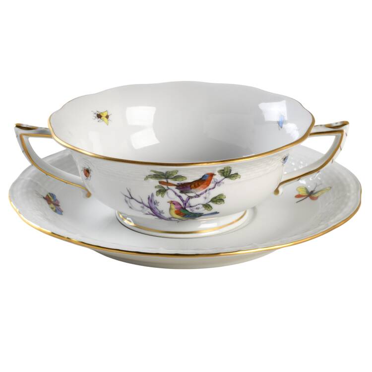 Rothschild Bird (Pastel Colors) Footed Cream Soup Bowl & Saucer Set by Herend