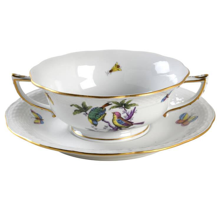 Rothschild Bird (Pastel Colors) Footed Cream Soup Bowl & Saucer Set by Herend