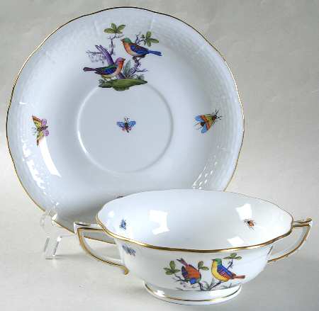 Rothschild Bird (Pastel Colors) Footed Cream Soup Bowl & Saucer Set