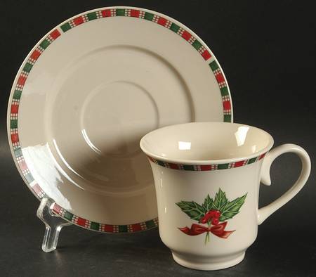 Tartan Ribbon (Cream Background, Gold Trim) Footed Cup & Saucer Set