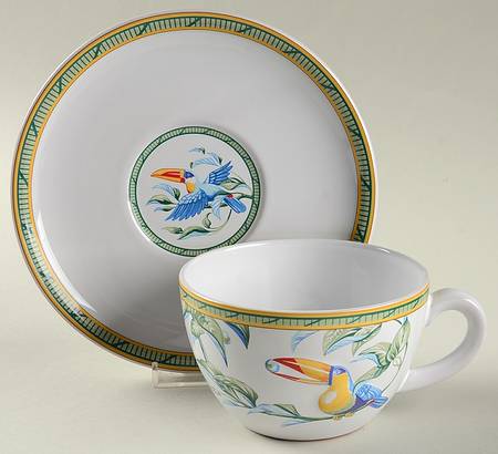 Faience Toucans Breakfast Cup & Saucer Set