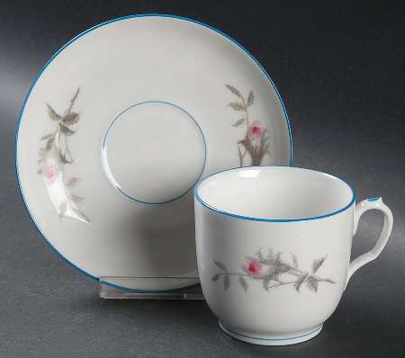 Moss Rose(Blue Trim, Gray Leaves) Flat Cup & Saucer Set