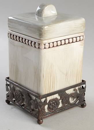 Beaded Antique White Small Canister with Metal Base