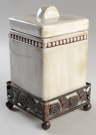 Beaded Antique White Medium Canister with Metal Base