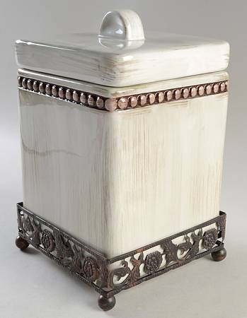 Beaded Antique White Large Canister W/Metal Base