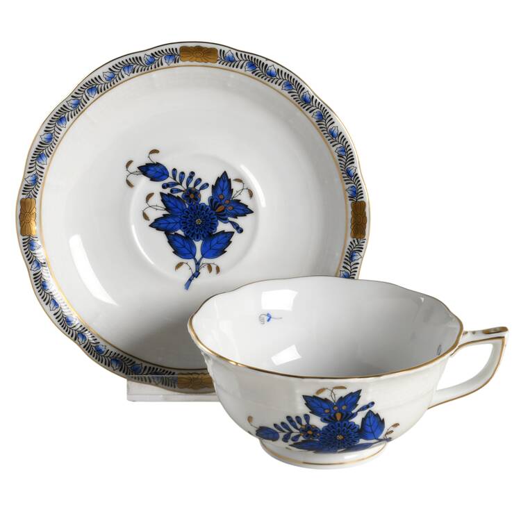 Chinese Bouquet Black and Blue Footed Cup & Saucer Set